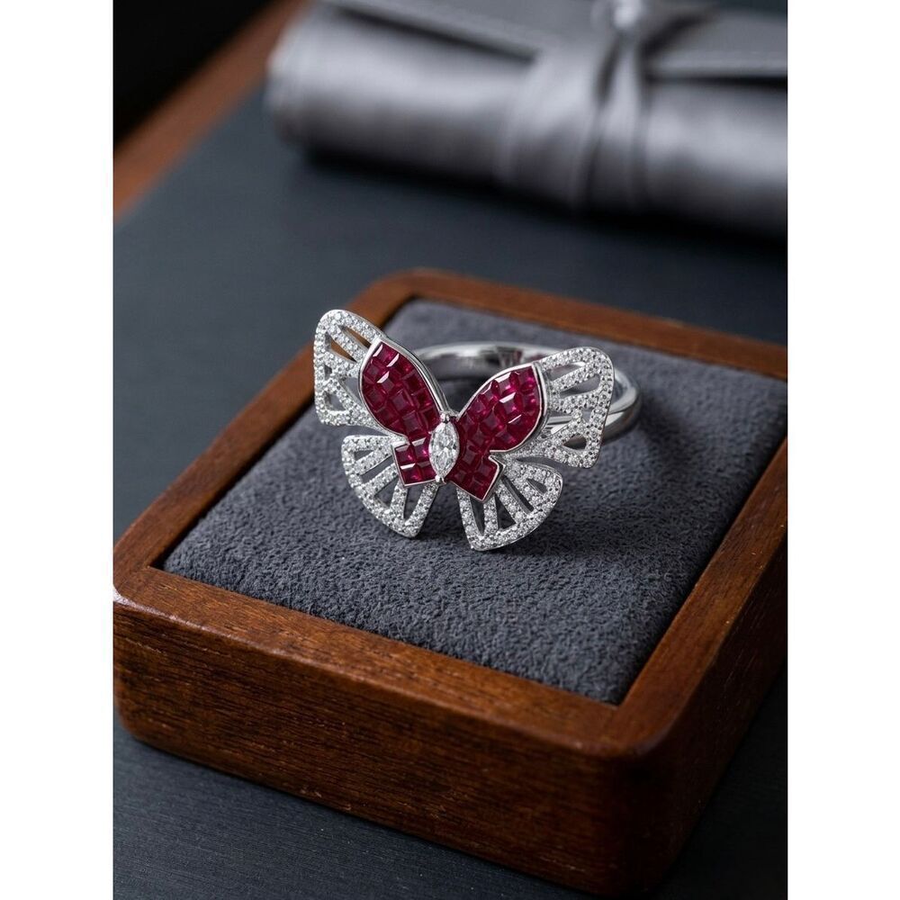 Southwestern Style Butterfly Ring: Ruby Wings with White Topaz Accents Size 6